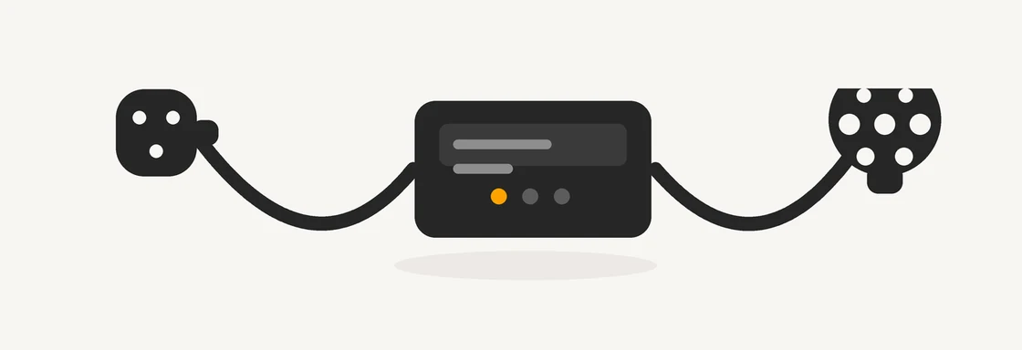 Carregador portátil modo 2: o plugue de tomada comum, a caixa de controle e proteção no meio do cabo e o conector Tipo 2 na ponta