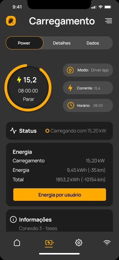 Tela de carregamento do aplicativo âmbar-e BLUE, com potência instantânea, energia entregue e tempo de sessão