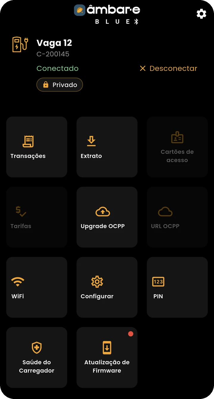 Painel do app âmbar-e BLUE conectado a um carregador, com transações, extrato, Wi-Fi, PIN, configurações, saúde do carregador e atualização de firmware