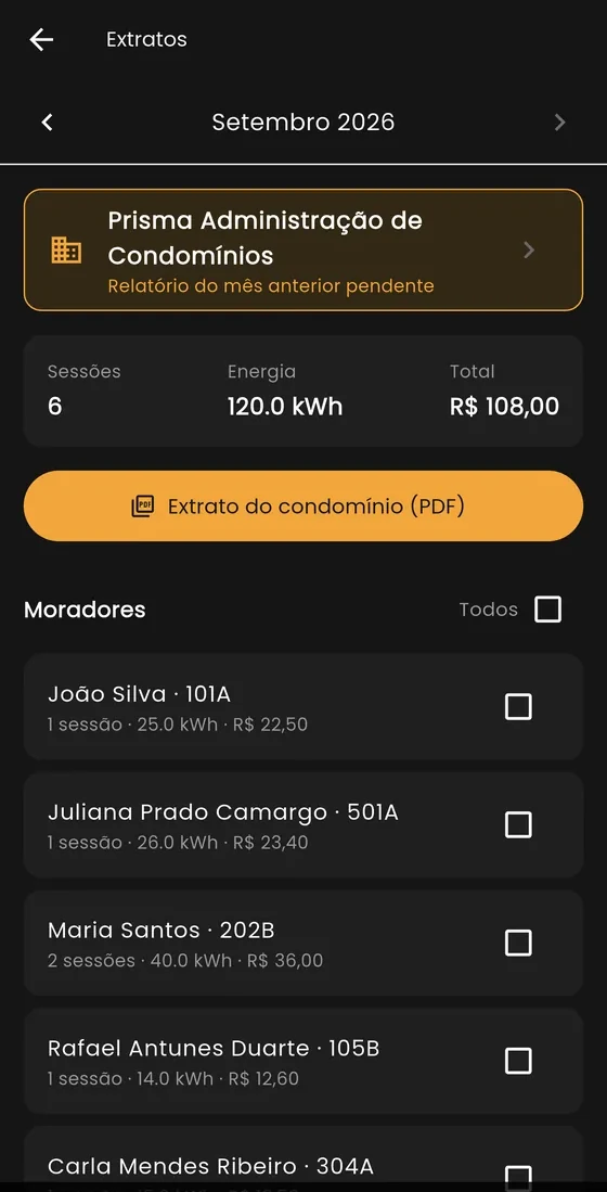 Tela de extratos do aplicativo âmbar-e Gestão com o total do mês e o consumo de cada morador, e o botão que gera o extrato do condomínio em PDF