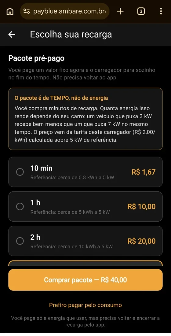 Tela do Pay Blue aberta no navegador do celular, mostrando os pacotes de recarga pré-pagos por tempo e a opção de pagar pelo consumo